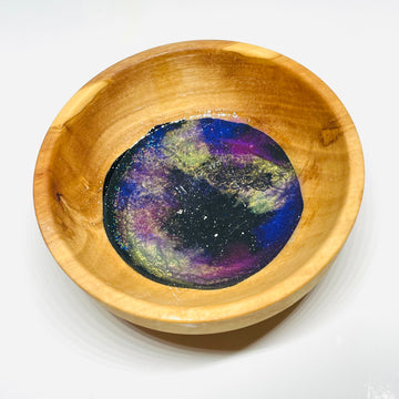 handmade jewelry, Minnesota local wood and resin artist. Galactic cosmos space resin, olive wood turned ring trinket bowl.