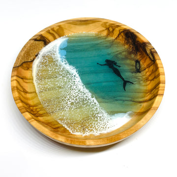 handmade jewelry, Minnesota local wood and resin artist. Ocean waves blue, sea foam mermaid, olive wood turned ring trinket bowl.