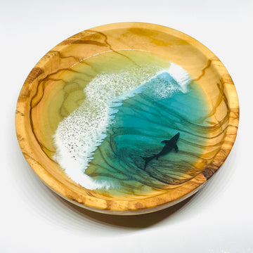 handmade jewelry, Minnesota local wood and resin artist. Ocean waves blue, sea foam shark, olive wood turned ring trinket bowl.