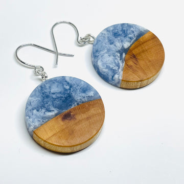 handmade jewelry, Minnesota local wood and resin artist. Ocean waves blue resin with maple wood, nickel free dangle hook earrings circles