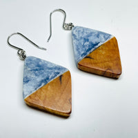 handmade jewelry, Minnesota local wood and resin artist. Ocean waves blue resin with maple wood, nickel free dangle earrings diamond shaped