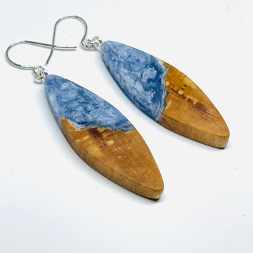 handmade jewelry, Minnesota local wood and resin artist. Ocean Waves blue resin with maple wood, nickel free dangle earrings. 
