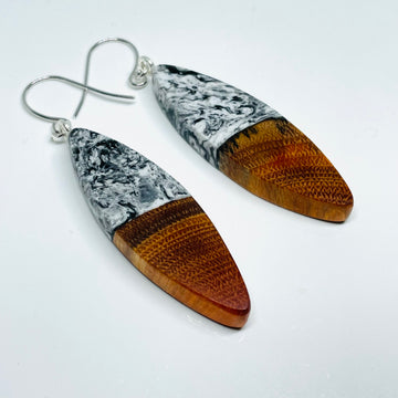 handmade jewelry, Minnesota local wood and resin artist. black and white marbled resin with buckthorn wood, nickel free dangle earrings sliver shaped