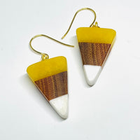handmade jewelry, Minnesota local wood and resin artist. Candy corn yellow, white resin with orange buckthorn wood. Gold plated nickel free dangle hook earrings