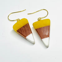handmade jewelry, Minnesota local wood and resin artist. Candy corn yellow, white resin with orange buckthorn wood. Gold plated nickel free dangle hook earrings