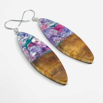 handmade jewelry, Minnesota local wood and resin artist. Red, green, purple, white resin with maple wood, nickel free dangle earrings sliver shaped
