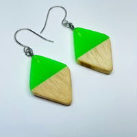 Wood and Resin Green Glow-In-The-Dark Birch Diamonds - Earrings