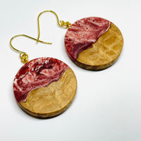 handmade jewelry, Minnesota local wood and resin artist. Deep red and white swirled resin with wavy oak wood, nickel free dangle earrings circle shaped
