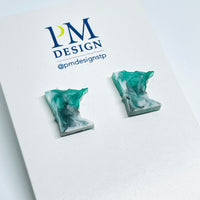 Tiny Minnesota shaped stud/post earrings - green, black and white resin