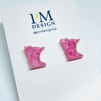 Tiny Minnesota shaped stud/post earrings - raspberry red and white resin