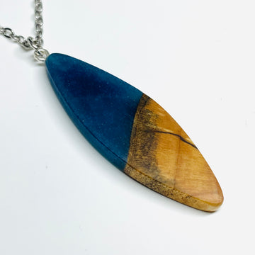 handmade jewelry, Minnesota local wood and resin artist. handmade spalted maple wood and resin pendant necklace, 15" stainless steel chain, dark blue