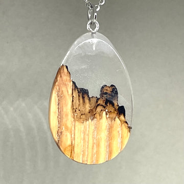 handmade jewelry, Minnesota local wood and resin artist. Grand Canyon landscape, ash wood with clear and white resin pendant necklace, 9" stainless steel chain, teardrop shape