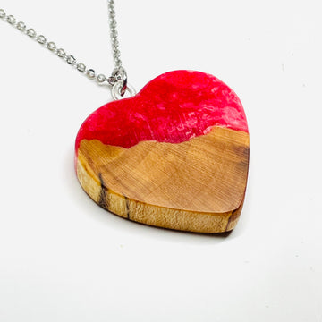 handmade jewelry, Minnesota local wood and resin artist. Handmade spalted maple wood with red and white swirled resin pendant necklace, 9" stainless steel chain. Heart shaped