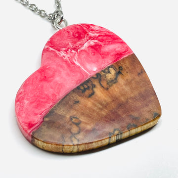 handmade jewelry, Minnesota local wood and resin artist. Handmade spalted maple wood with red and white swirled resin pendant necklace, 15" stainless steel chain. Heart shaped
