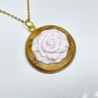 handmade jewelry, Minnesota local wood and resin artist. handmade oak wood and pink rose flower resin pendant necklace, 9" gold colored stainless steel chain