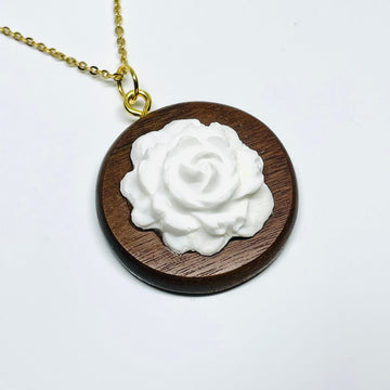 handmade jewelry, Minnesota local wood and resin artist. handmade walnut wood and white rose flower resin pendant necklace, 9" gold colored stainless steel chain