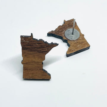 Minnesota local wood and resin artist. laser cut walnut wood, stainless steel post/stud earrings, MN State shape.