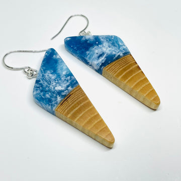 handmade jewelry, Minnesota local wood and resin artist. Ocean waves blue resin with maple wood, nickel free dangle hook earrings triangles