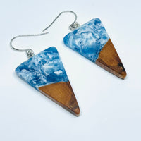 handmade jewelry, Minnesota local wood and resin artist. Ocean waves blue resin with maple wood, nickel free dangle earrings isosceles shaped