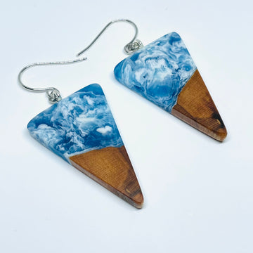 handmade jewelry, Minnesota local wood and resin artist. Ocean waves blue resin with maple wood, nickel free dangle earrings isosceles shaped