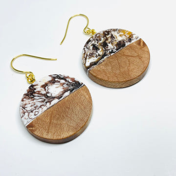 handmade jewelry, Minnesota local wood and resin artist. Gold, bronze and white resin with birdseye maple wood, nickel free dangle earrings round shaped