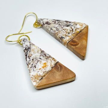 handmade jewelry, Minnesota local wood and resin artist. Gold, bronze and white resin with birdseye maple wood, nickel free dangle earrings triangle shaped