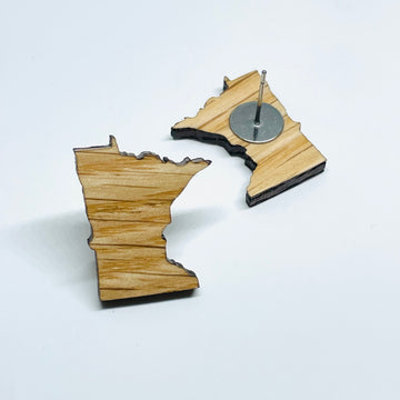 Minnesota local wood and resin artist. laser cut red oak wood, stainless steel post/stud earrings, MN State shape.