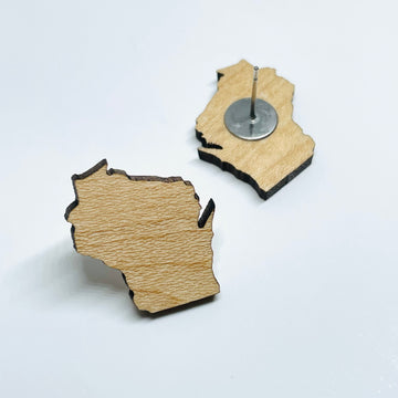 Laser cut maple wood stainless steel stud/post earrings - Wisconsin State shape