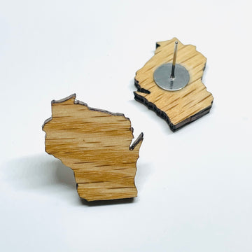 Laser cut red oak wood stainless steel stud/post earrings - Wisconsin State shape