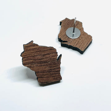 Laser cut walnut wood stainless steel stud/post earrings - Wisconsin State shape