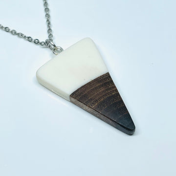 handmade jewelry, Minnesota local wood and resin artist. handmade walnut wood and resin pendant necklace, 9" stainless steel chain, opaque white