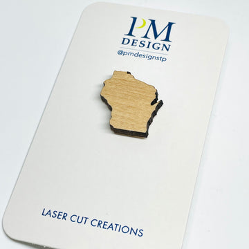 Laser cut maple wood stainless steel lapel pin - Wisconsin State shape