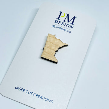 Minnesota local wood and resin artist. laser cut maple wood, stainless steel pin back, MN State shape.
