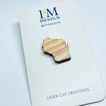 Laser cut red oak wood stainless steel lapel pin - Wisconsin State shape