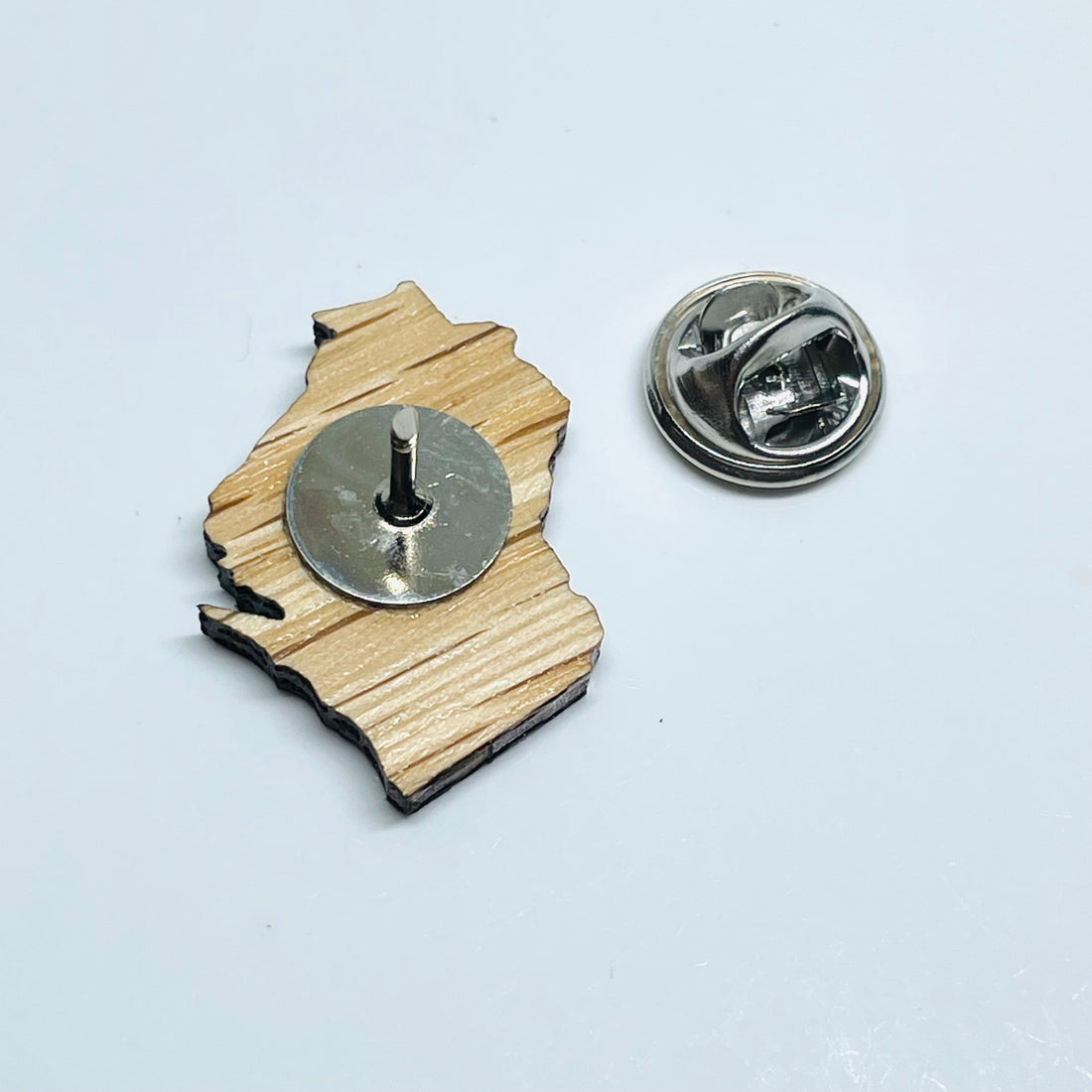 Laser cut red oak wood stainless steel lapel pin - Wisconsin State shape