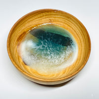 handmade jewelry, Minnesota local wood and resin artist. Ocean waves blue, sea foam, olive wood turned ring trinket bowl.