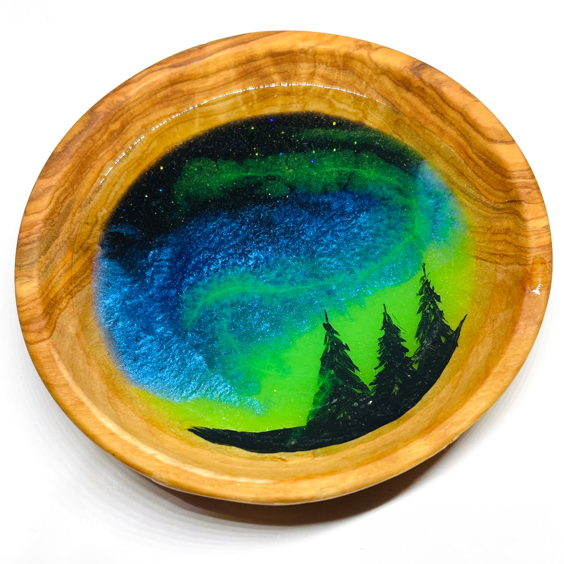 Wood and Resin Large Northern Lights Ring Bowl w/ Trees