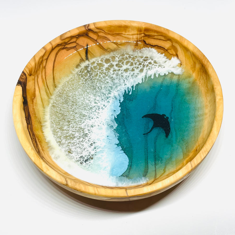 handmade jewelry, Minnesota local wood and resin artist. Ocean waves blue, sea foam manta ray, olive wood turned ring trinket bowl.