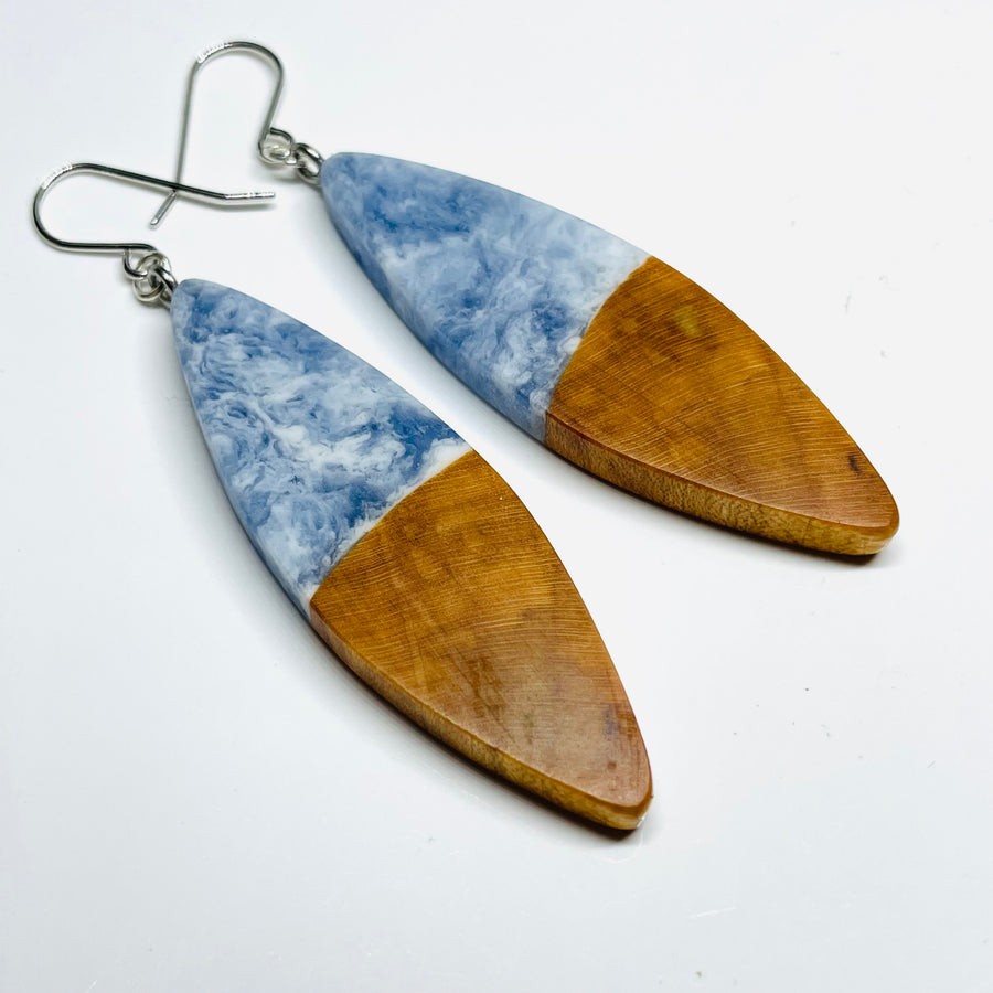 handmade jewelry, Minnesota local wood and resin artist. Jewelry maple wood and resin, nickel free hook earrings, ocean waves blue slivers