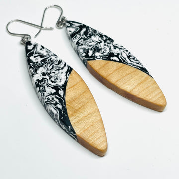 Wood and Resin Black & White Maple Large Slivers - Earrings