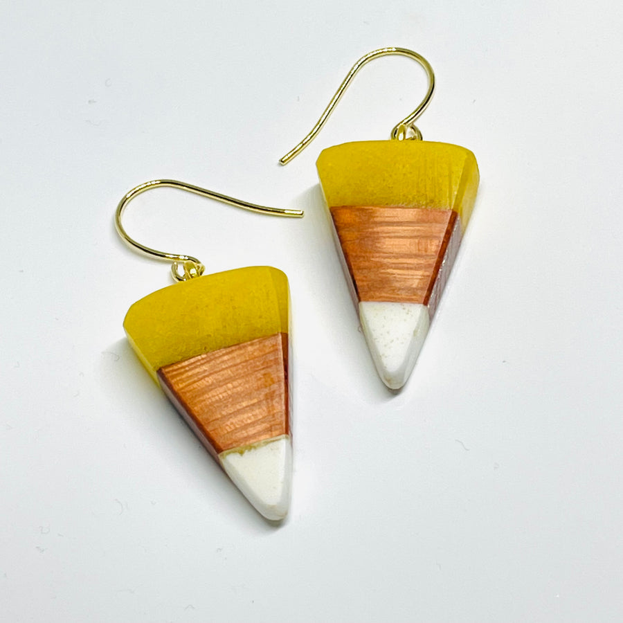 handmade jewelry, Minnesota local wood and resin artist. Candy corn yellow, white resin with orange buckthorn wood. Gold plated nickel free dangle hook earrings