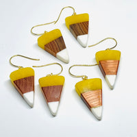 handmade jewelry, Minnesota local wood and resin artist. Candy corn yellow, white resin with orange buckthorn wood. Gold plated nickel free dangle hook earrings