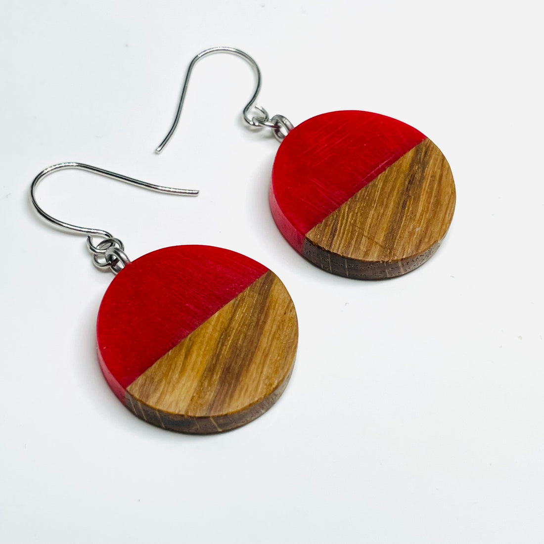 Wood and Resin Cherry Red Coins - Earrings