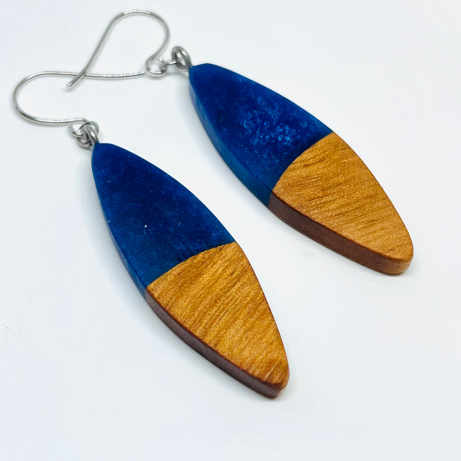 Wood and Resin Cobalt Cherry Slivers - Earrings