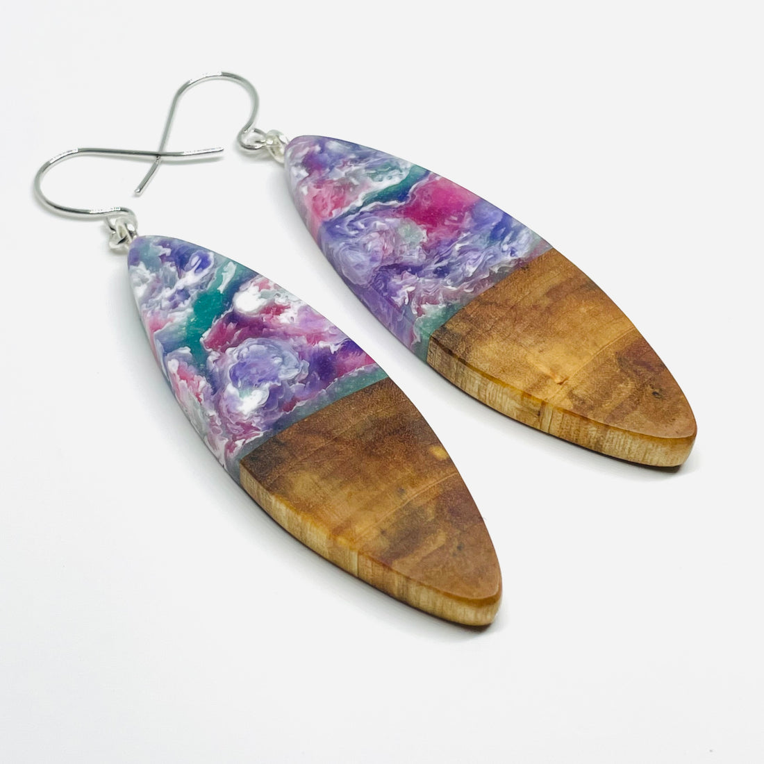 handmade jewelry, Minnesota local wood and resin artist. Red, green, purple, white resin with maple wood, nickel free dangle earrings sliver shaped