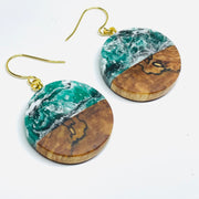 handmade jewelry, Minnesota local wood and resin artist. Dark green, black and white swirled e resin with spalted maple wood, nickel free dangle earrings round circle shaped