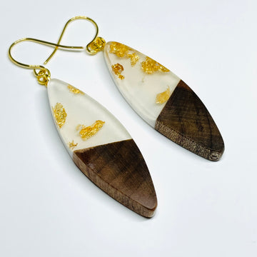Wood and Resin Gold Flake White Boxelder Teardrops - Earrings