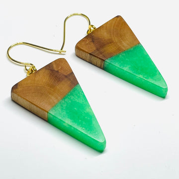 handmade jewelry, Minnesota local wood and resin artist. Green Glow-In-The-Dark resin with a maple wood, nickel free dangle earrings isosceles shaped