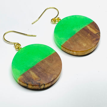 handmade jewelry, Minnesota local wood and resin artist. Green Glow-In-The-Dark resin with a spalted maple wood, nickel free dangle earrings circle shaped