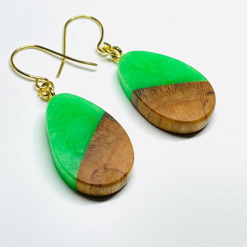handmade jewelry, Minnesota local wood and resin artist. Green Glow-In-The-Dark resin with a maple wood, nickel free dangle earrings teardrop shaped